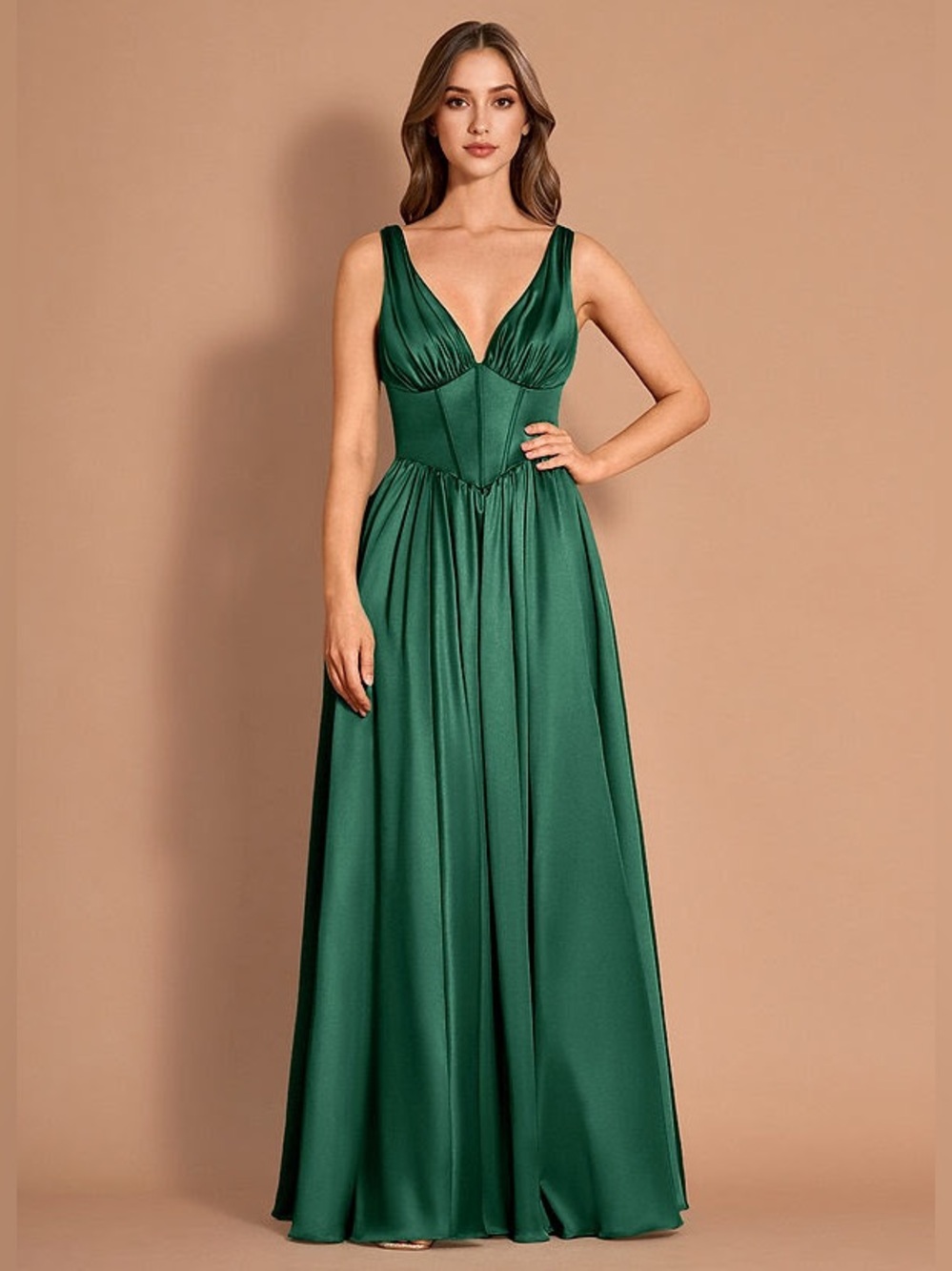 Azazie Emerald Green Satin V-Neck Maxi Gown